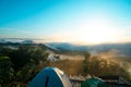 Landscape,ÃÂ tourist tent in forest camp ,fog and cloud mountain valley , Morning fog Royalty Free Stock Photo